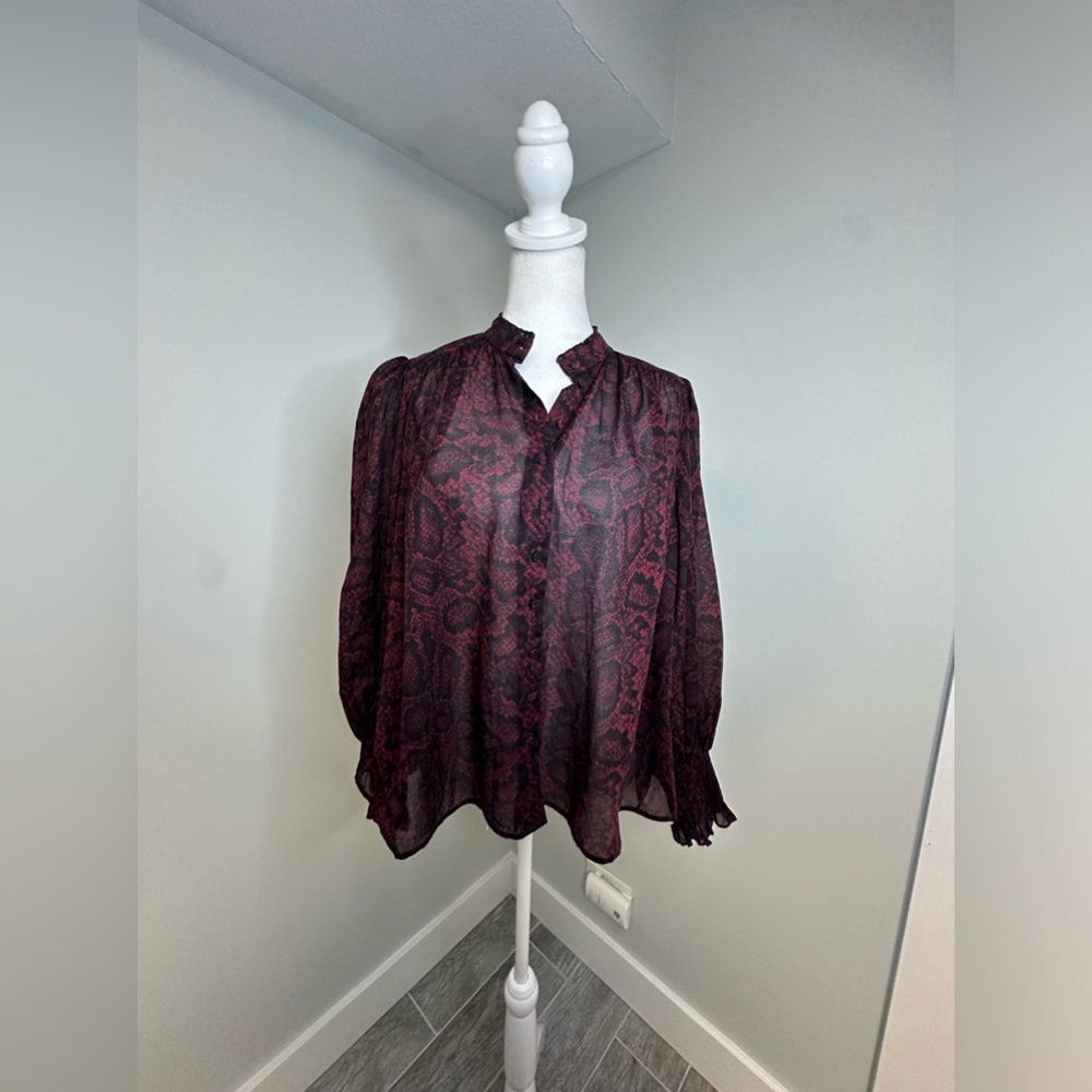 ALLSAINTS Leonie Stanza Shirt in Burgundy Red Python Sheer Print US Size 6 - Picture 4 of 17